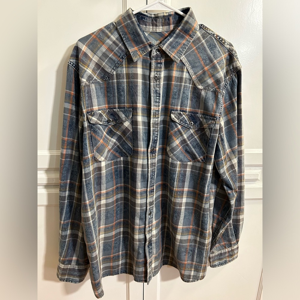 Mossimo Plaid Long Sleeve Button Down Shirt. Blue, Gray, Orange & Yellow. XL